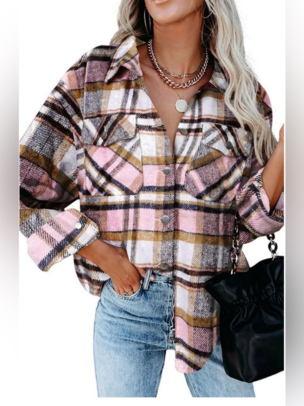 NWOT! Plaid Snap-Front Shacket in Pink and Brown. Size M